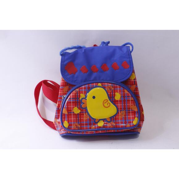 Red-Blue Plaid Children's Backpack with Yellow Baby Bird, East End Kids,8 inches - Picture 1 of 4